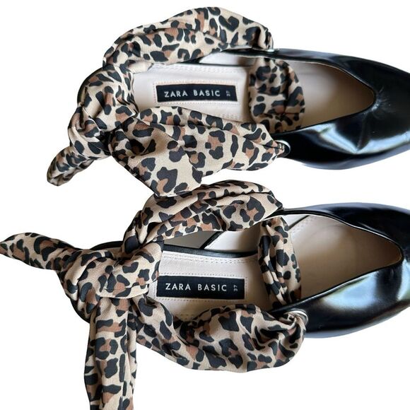 Zara Kitten Heel Pointy Slingback Leopard Scarf Black Leather Pumps Size 37 - Picture 6 of 11